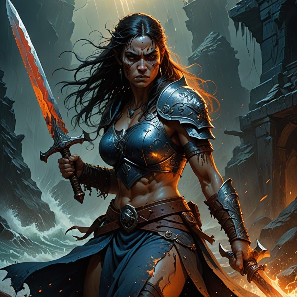 Barbarian Warrior Unleashes Fiery Battle Ax and Watery Broad...