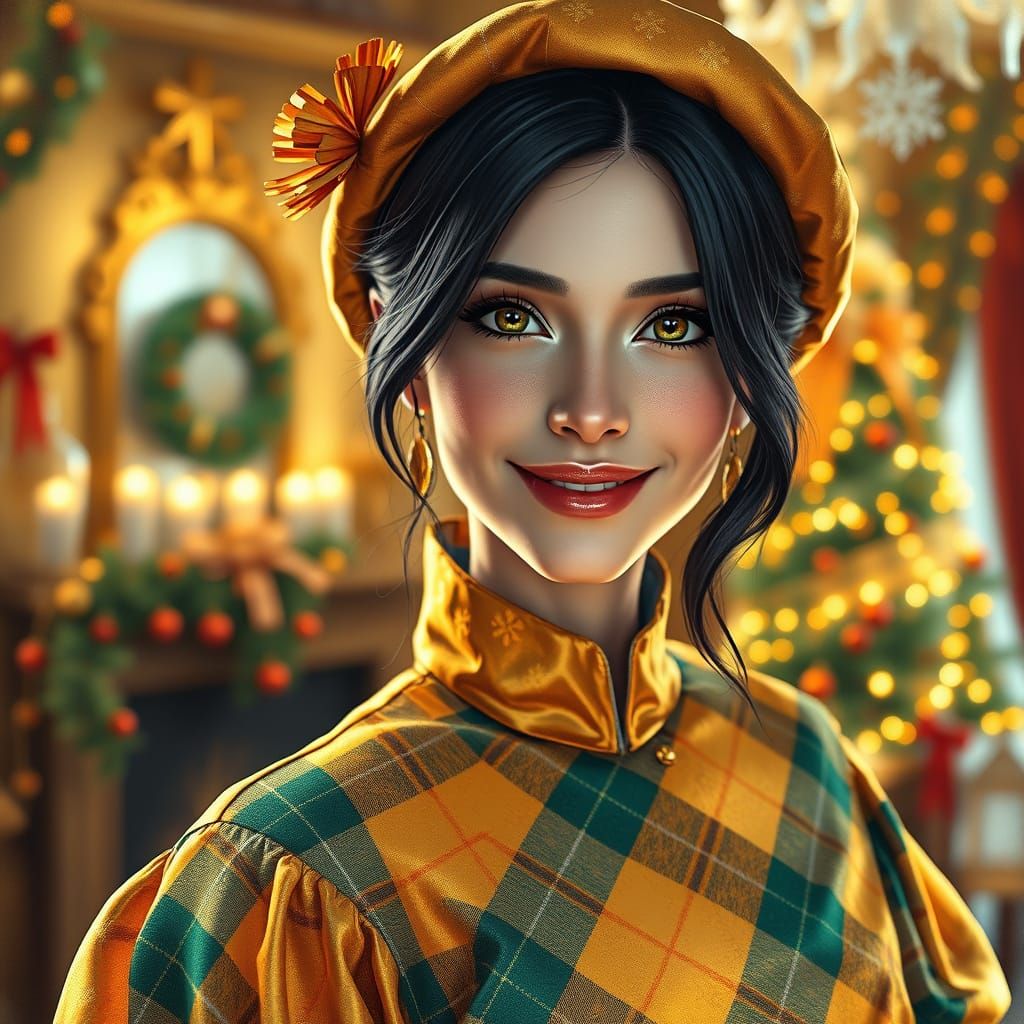 Elegant Woman in Plaid Gown in Golden Holiday Room