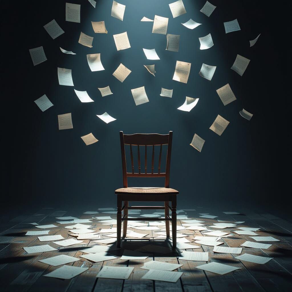 Empty Chair Amidst Floating Unreadable Thoughts