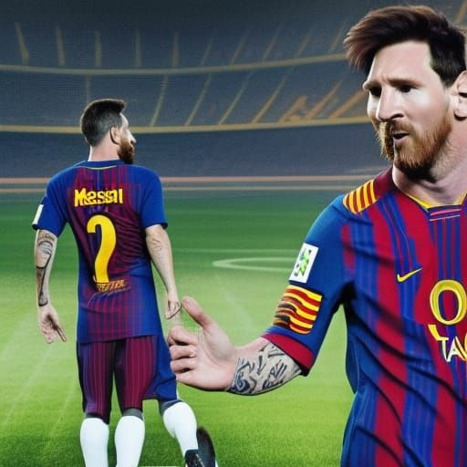 Lionel Messi in the LA Dogers shirt next to Max keppler in the fc barcelona shirt.