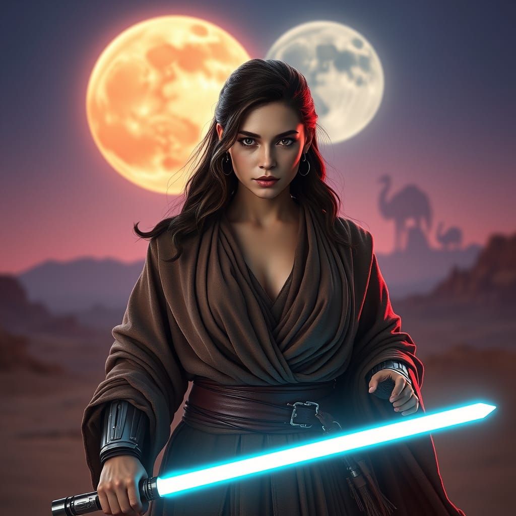 Jedi Woman with Lightsaber on Tatooine in Gritty Style