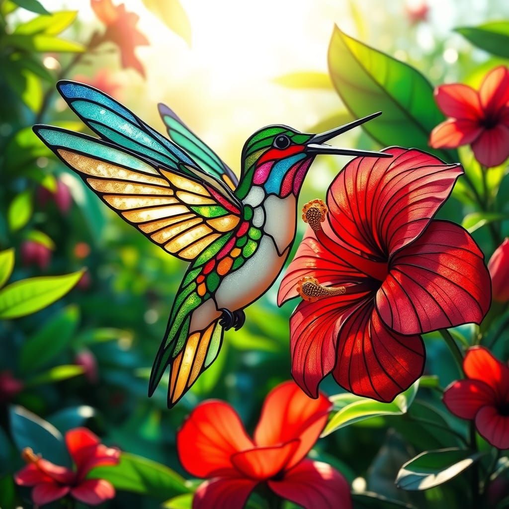 Stained Glass Hummingbird in Art Nouveau Style