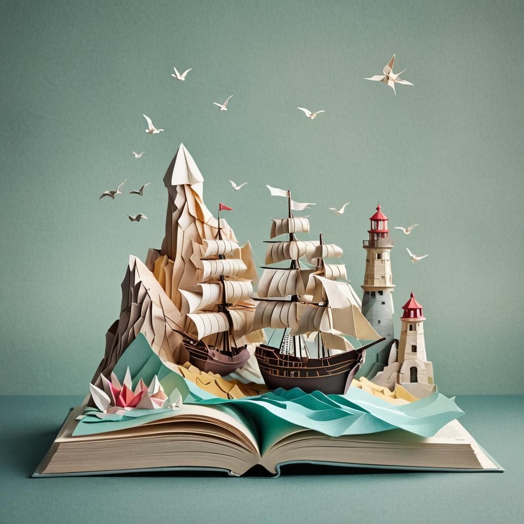 Origami Pirate Ship Approaches Lighthouse