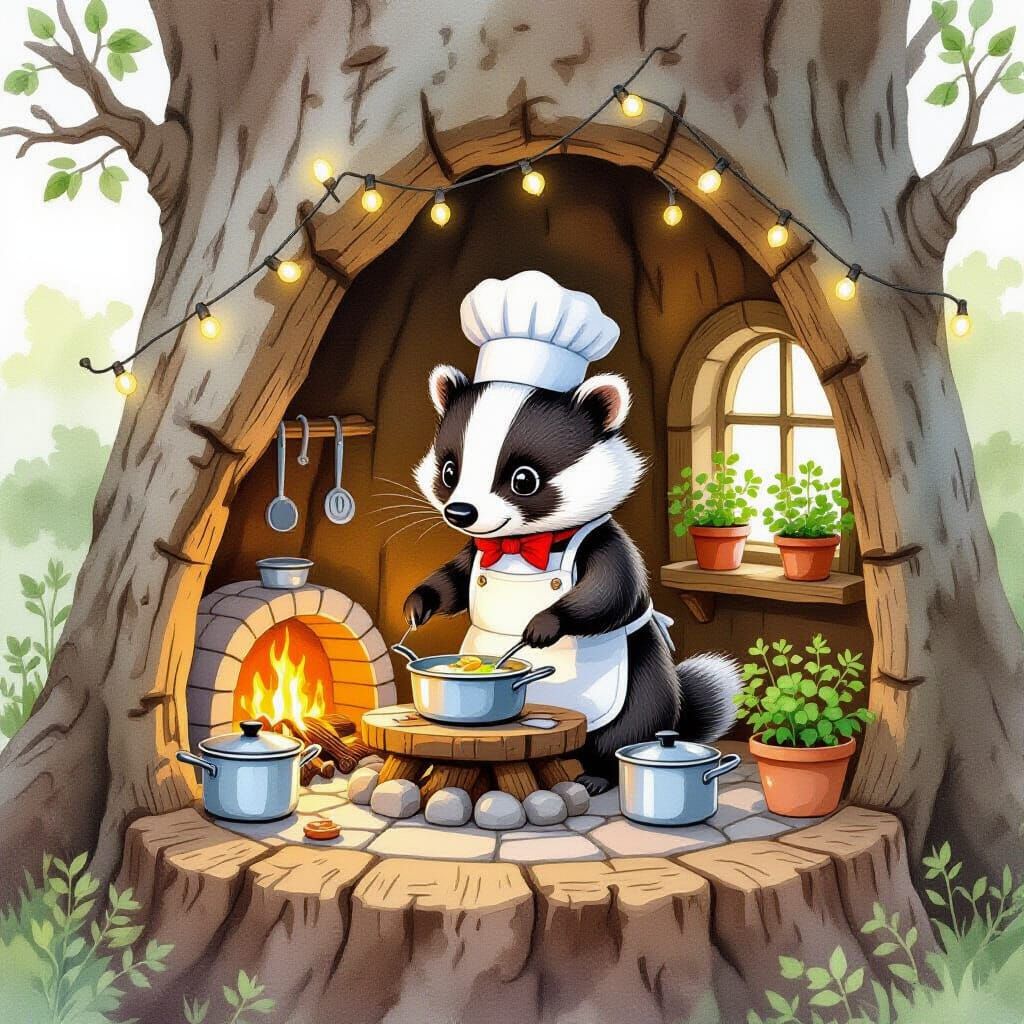 Badger Chef in Cozy Tree Stump Kitchen
