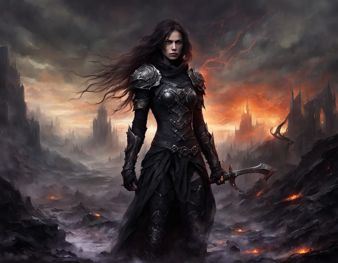 Female Warrior in Apocalyptic Landscape, Dark Fantasy Digita...