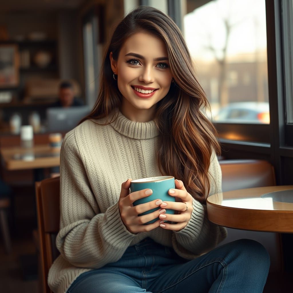 Photorealistic Portrait of a Young Woman in a Cozy Café