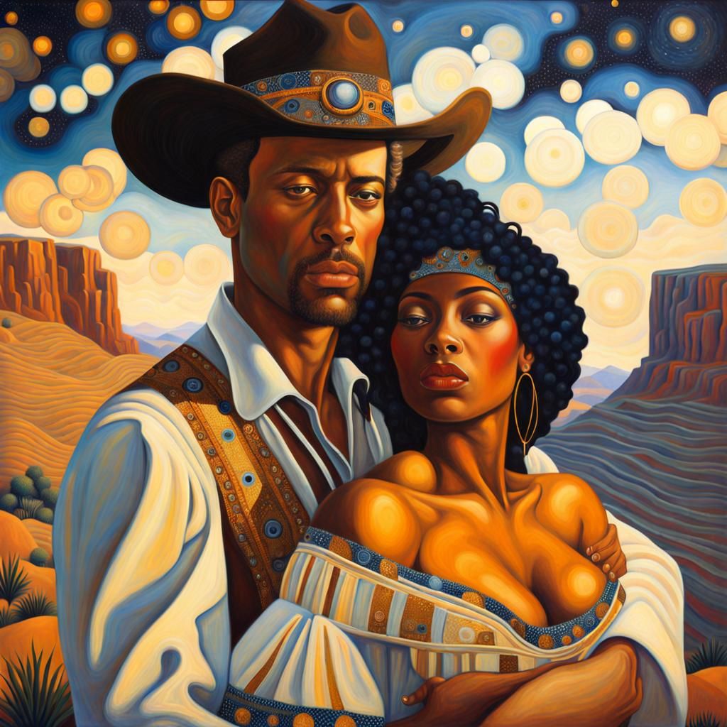 Surreal Cowboy Couple in Klimt Style Canyon