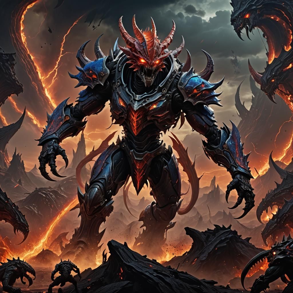 Towering Tyranid Warrior in Apocalyptic Landscape