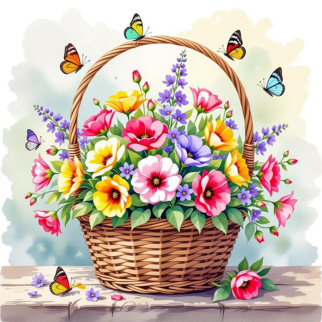 Watercolor Flower Basket with Butterflies
