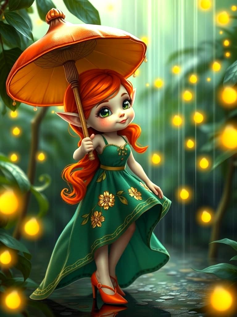 Female Gnome with Mushroom Umbrella under the Rain🍄☔
