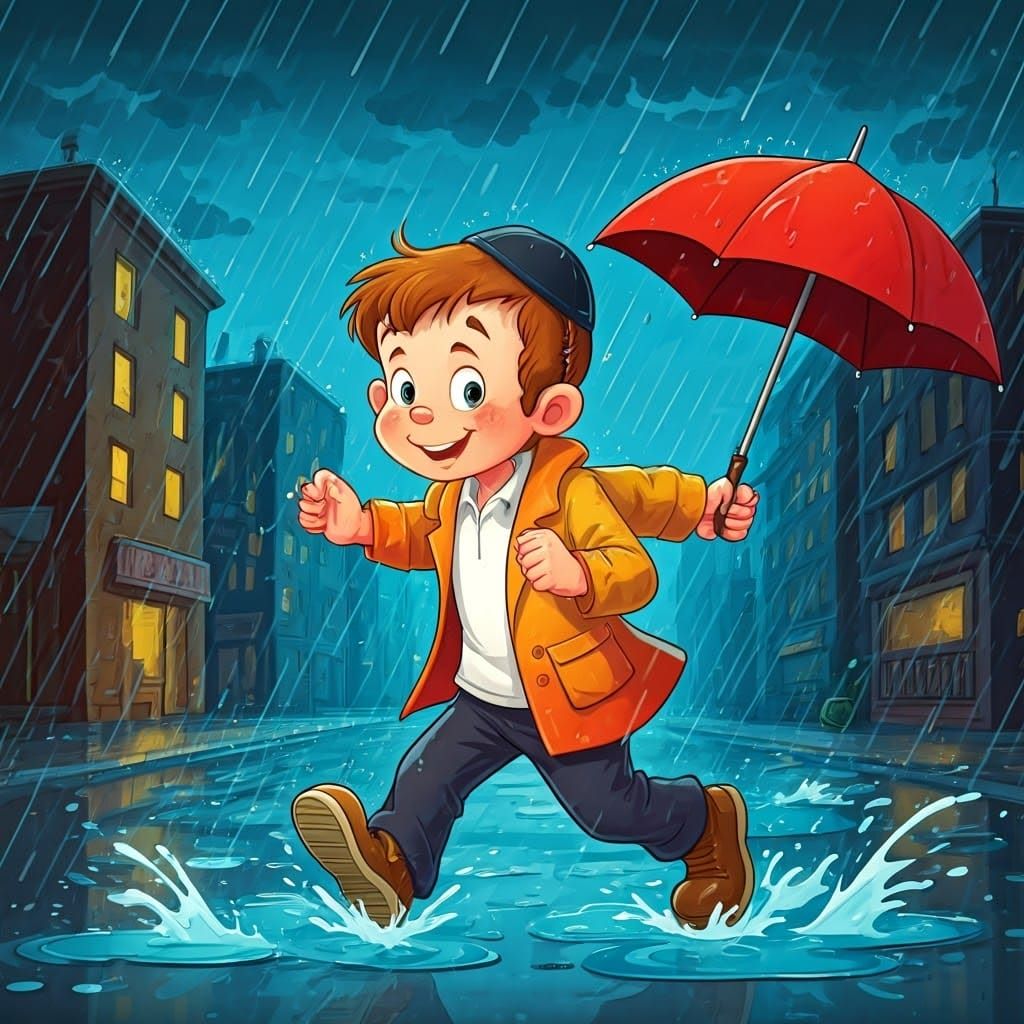 Vibrant Cartoon Boy Runs in the Rain