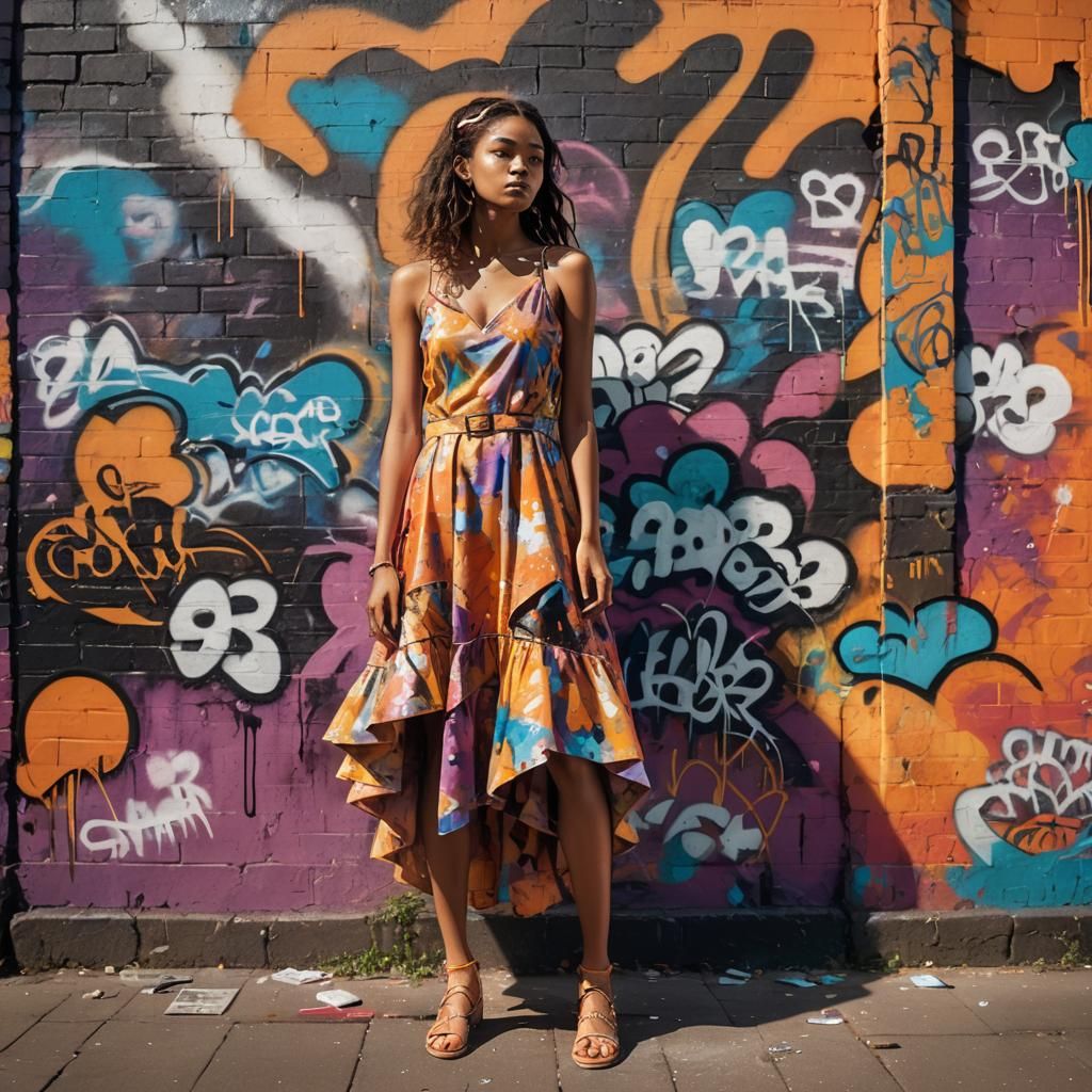 Model in Sunset Dress: Graffiti Art Style