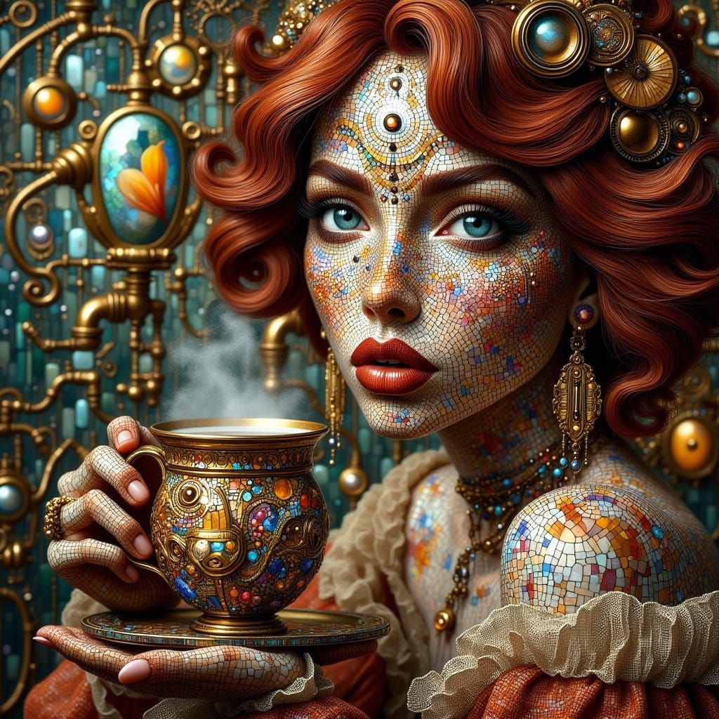 Steampunk Lady Enjoying Coffee in Mosaic Style