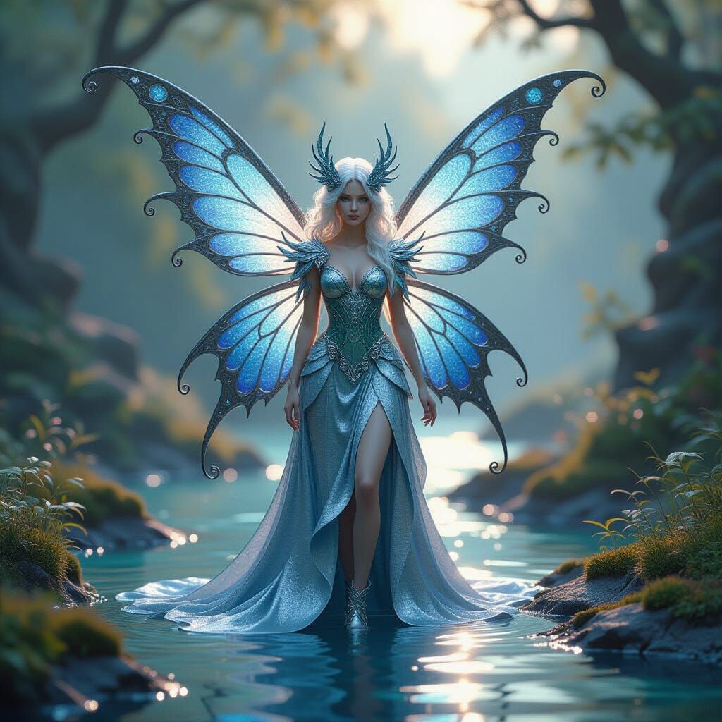 Intricate Silver Fairy Sculpture in Fantasy Matte Painting S...