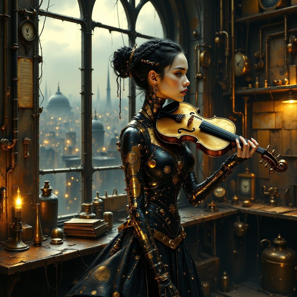 Steampunk Cyborg Violinist in Industrial Setting