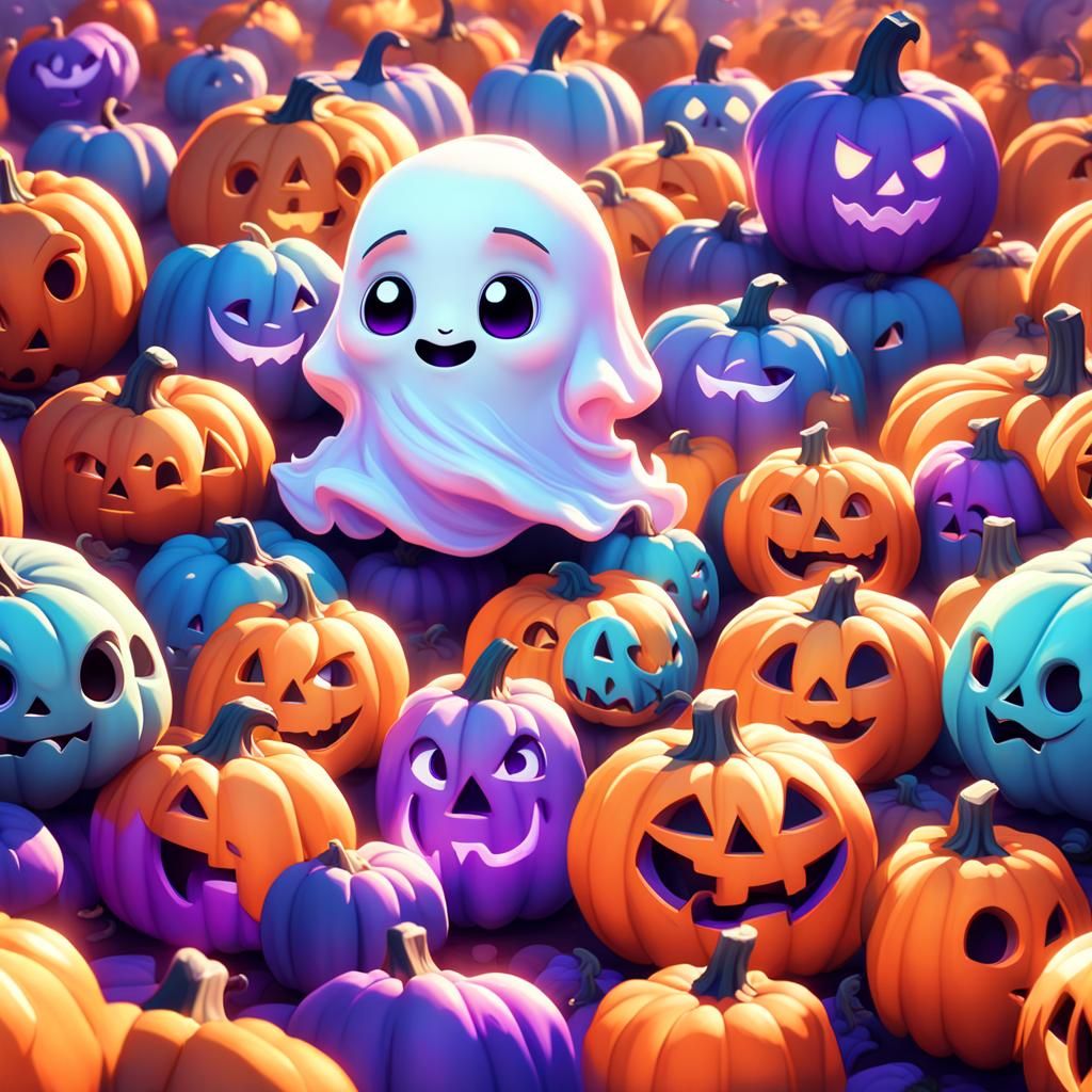 Chibi Ghostly Fun Among Whimsical Pumpkins