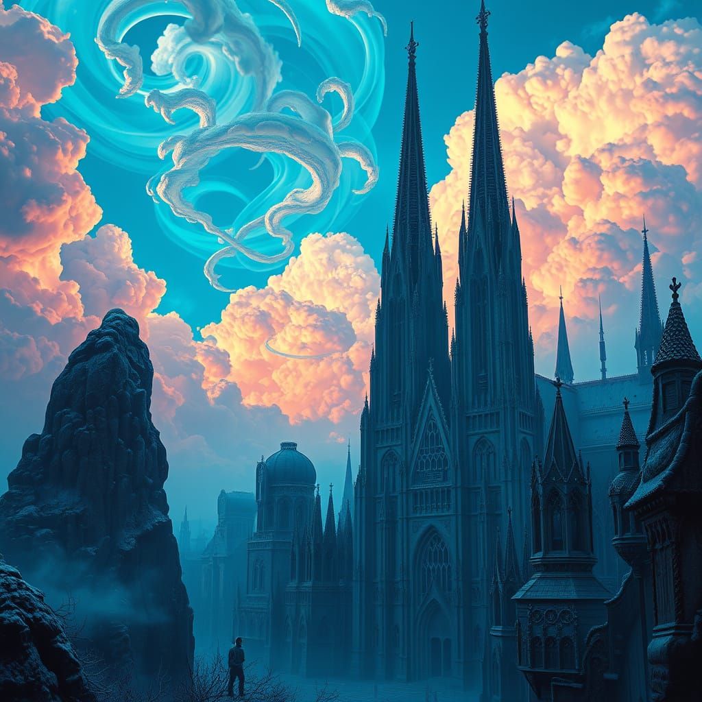 Electric Dreams: Gothic Spire Cityscape in Neon Futurism