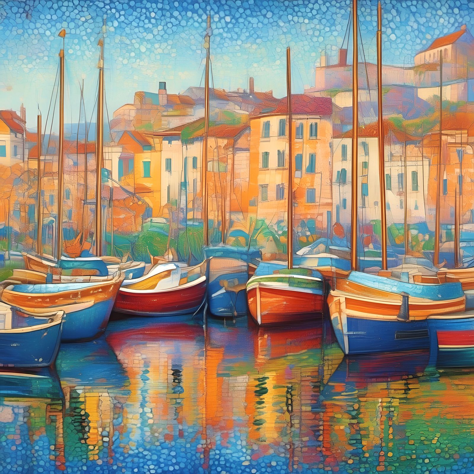 Vibrant Coastal Harbour in Pointillist Style