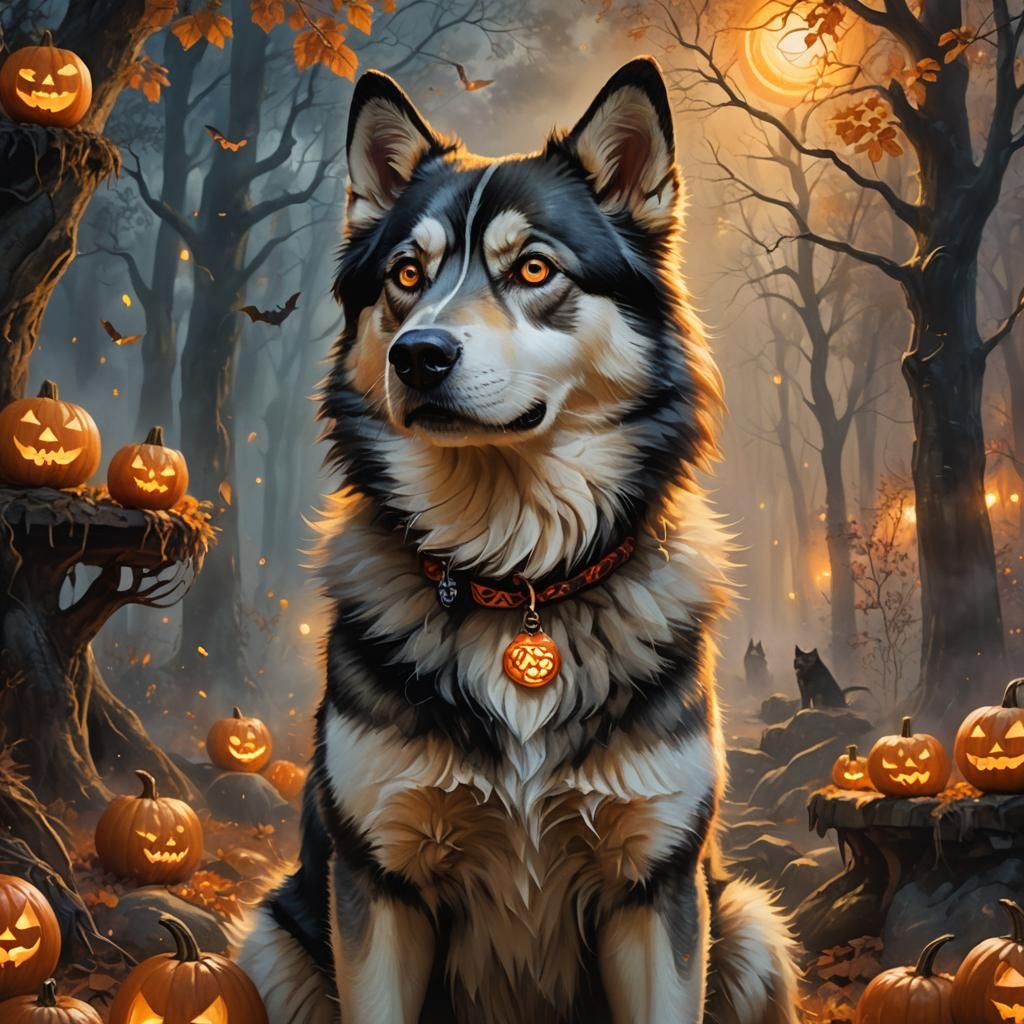 Halloween Husky Mix in Eerie Forest Portrait