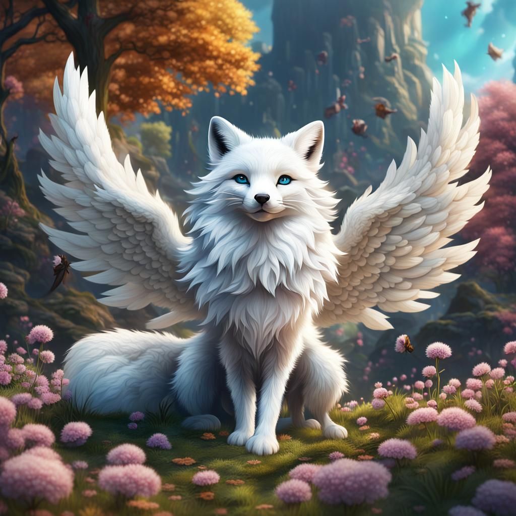 Winged White Fox in Springtime Fantasy