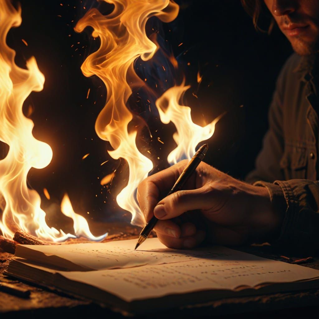 Person Writing with Fire: Cinematic Oil Painting