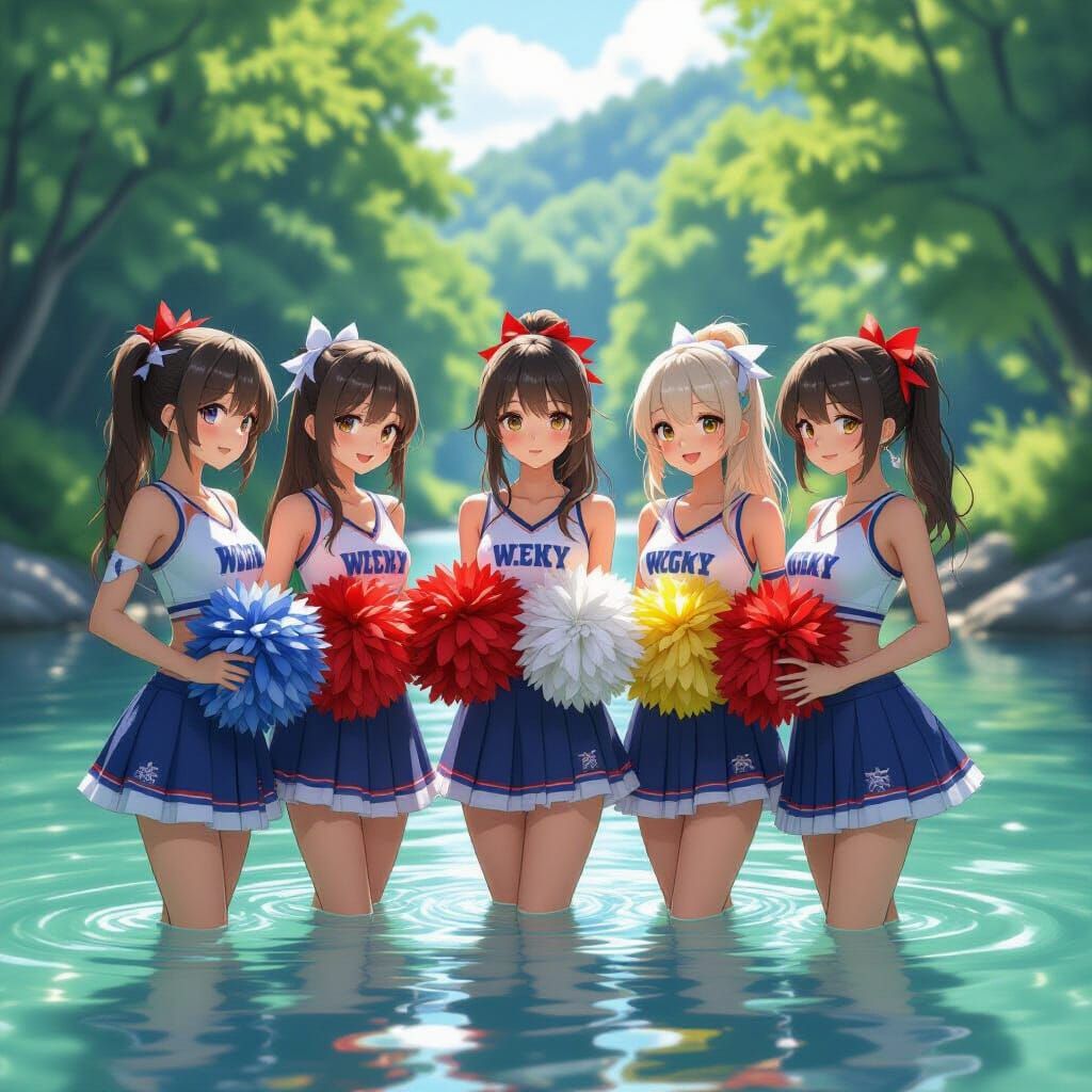 5 Cheerleaders Prepare for River Swim in Anime Art Style