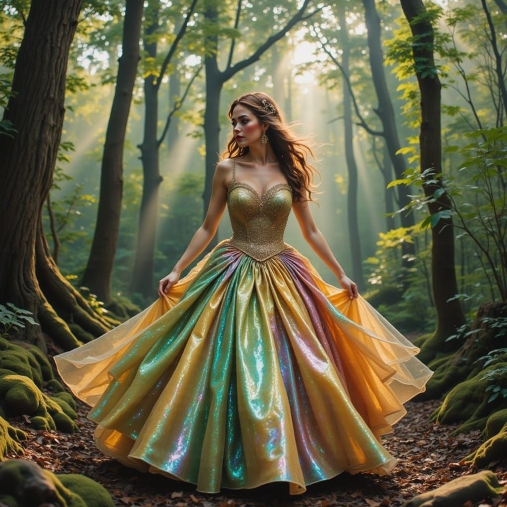 Woman in Holographic Gown in Enchanted Forest