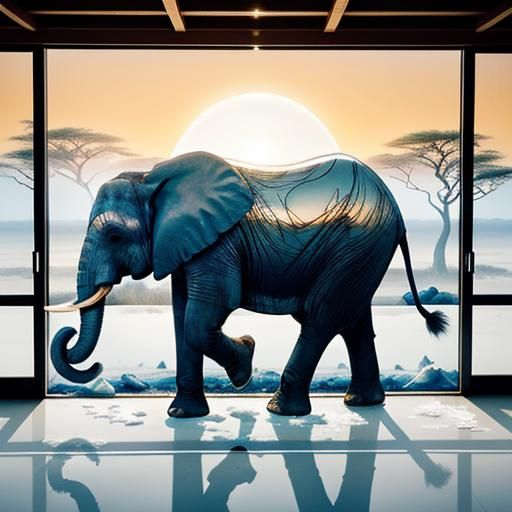 Glass Elephant with Savannah Inside, Hyperrealistic Image