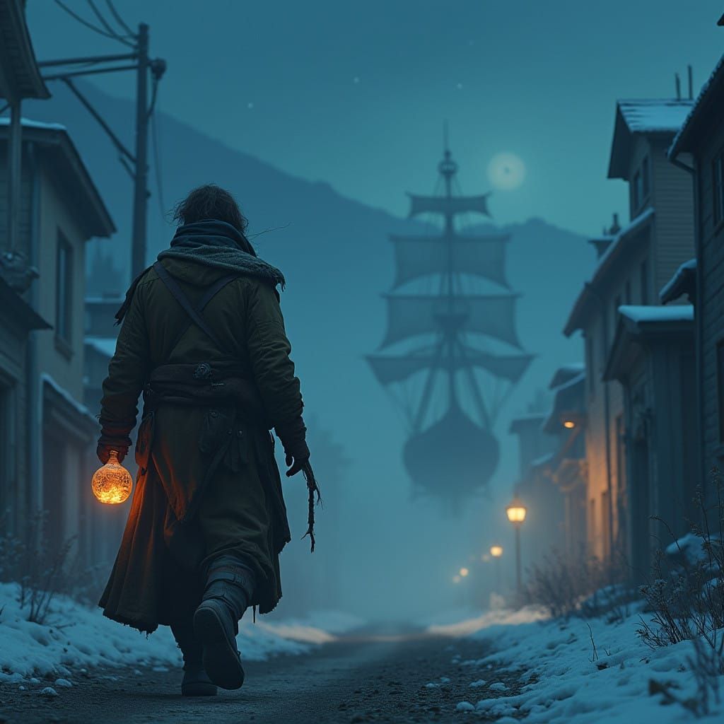 Wistful Traveler in Fog-Shrouded Mountain Pass