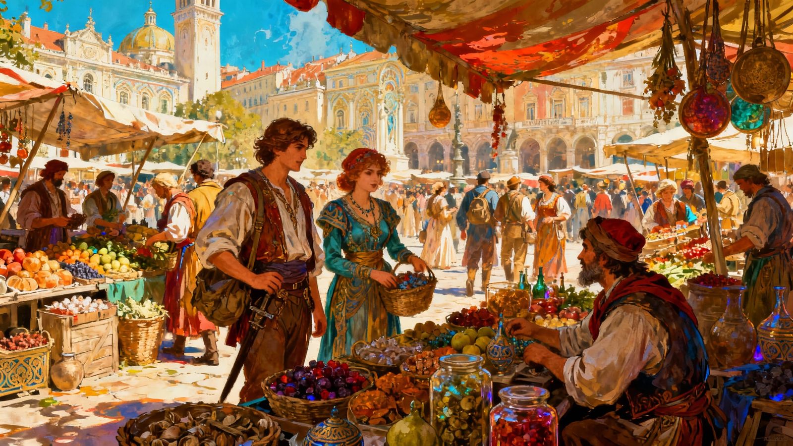 Grand Bustling Market Square with Peddlers and Buyers