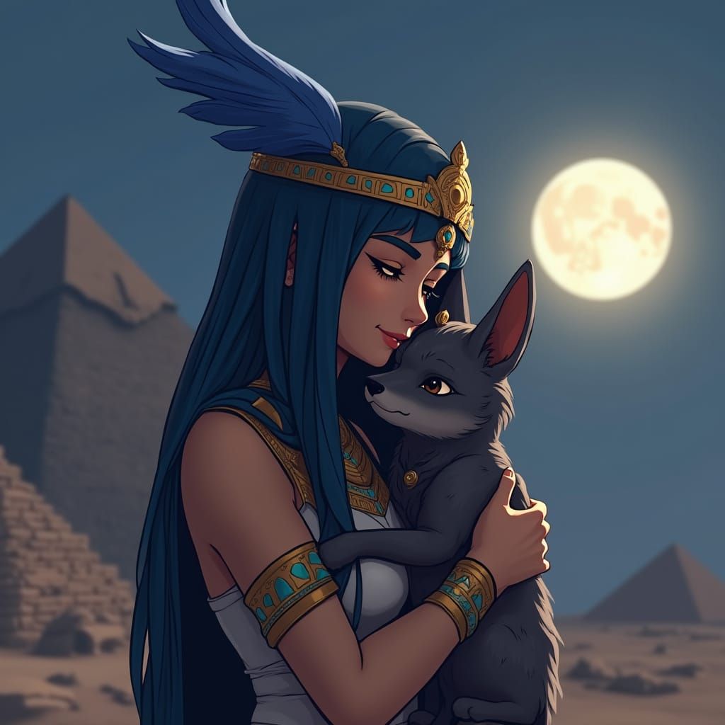 Ancient Goddess Cuddles Anubis in Moonlit Pyramid Scene