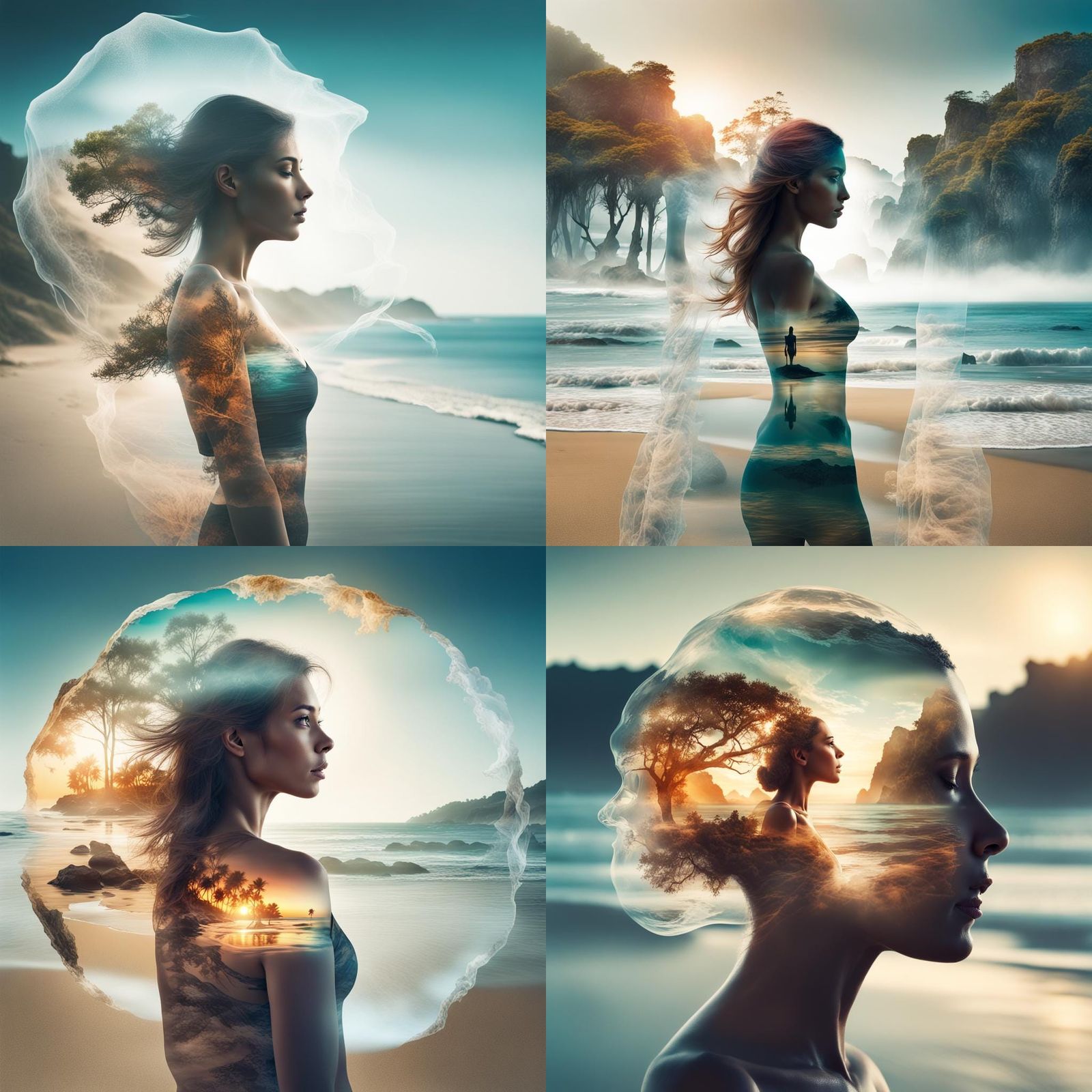 Double Exposure: Beach and Woman in Nature