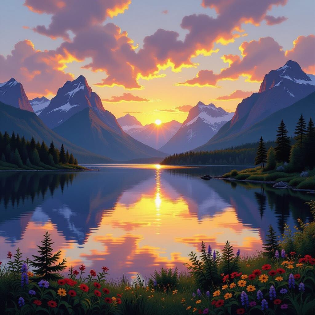 Serene Lake Reflecting Mountains at Sunset, Landscape Painti...