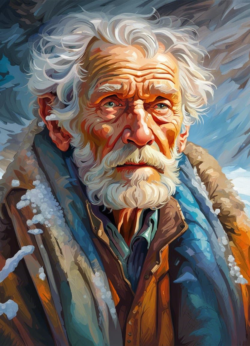 Curious Old Man in Winter, Hyperrealistic Oil Painting