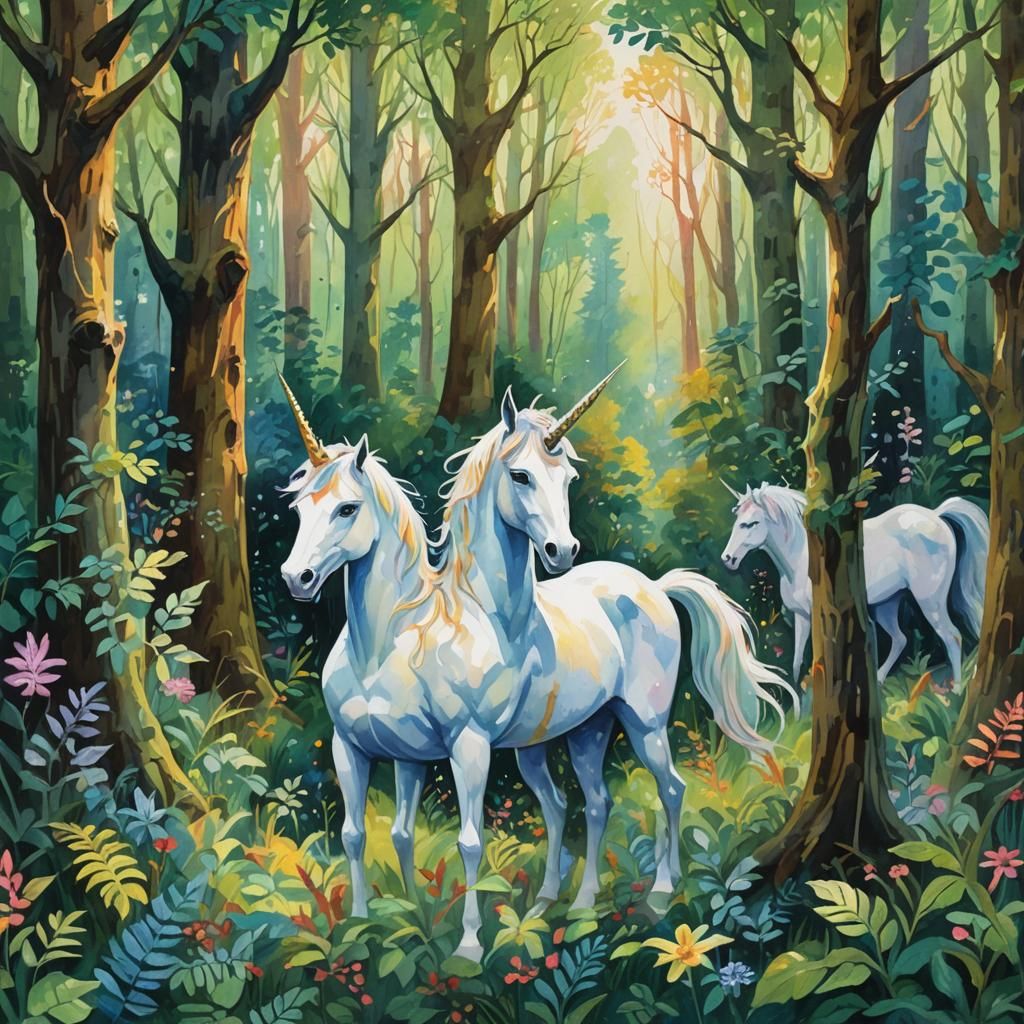 Mystical Forest: Impressionist Gouache with Unicorns