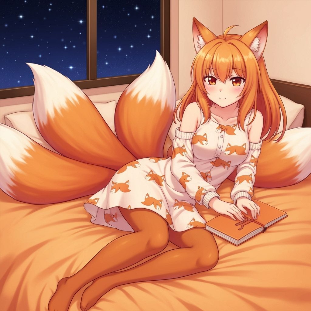 Anime Fox Girl in Cozy Bedroom at Night