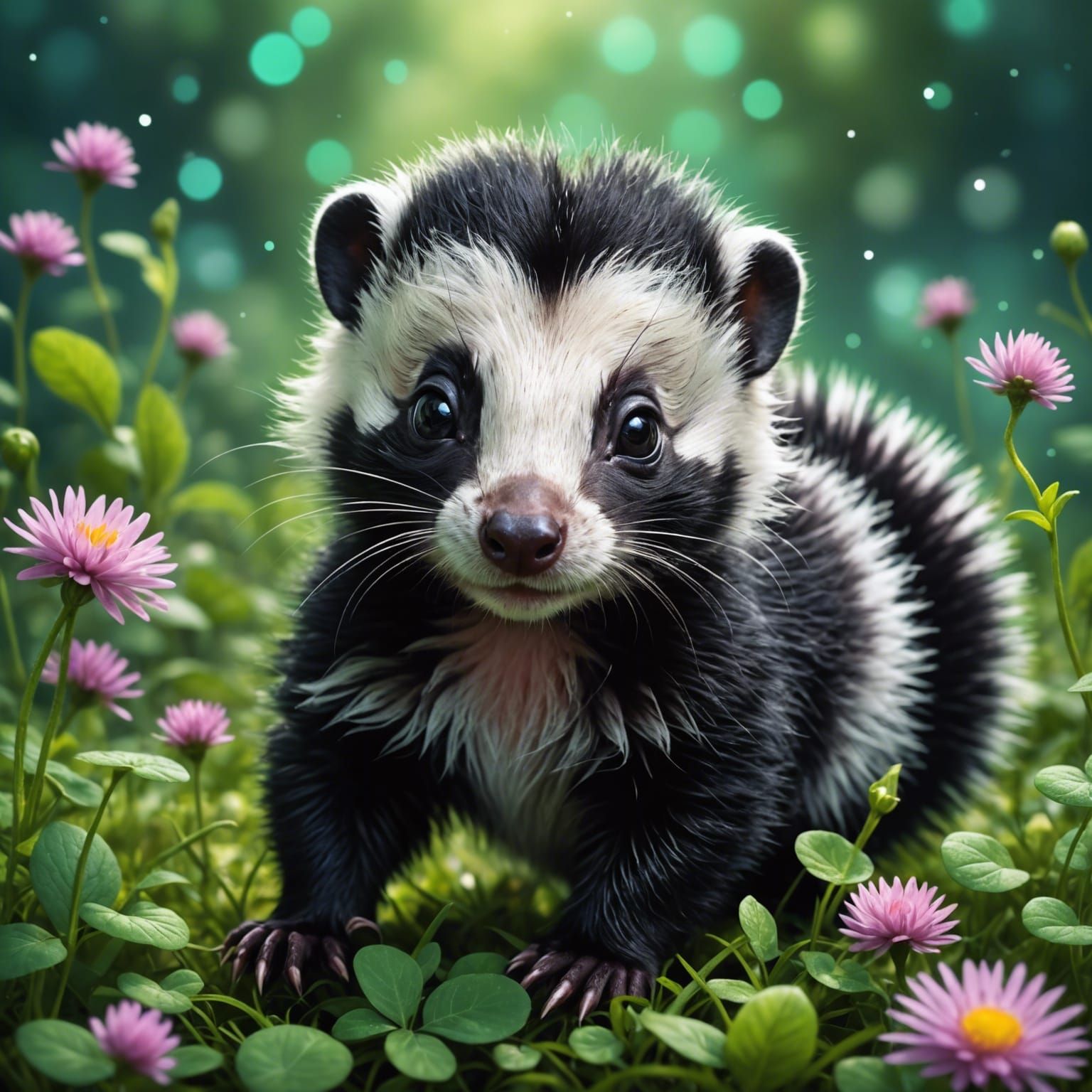 Baby Skunk in Clover: Holographic Astral Illustration