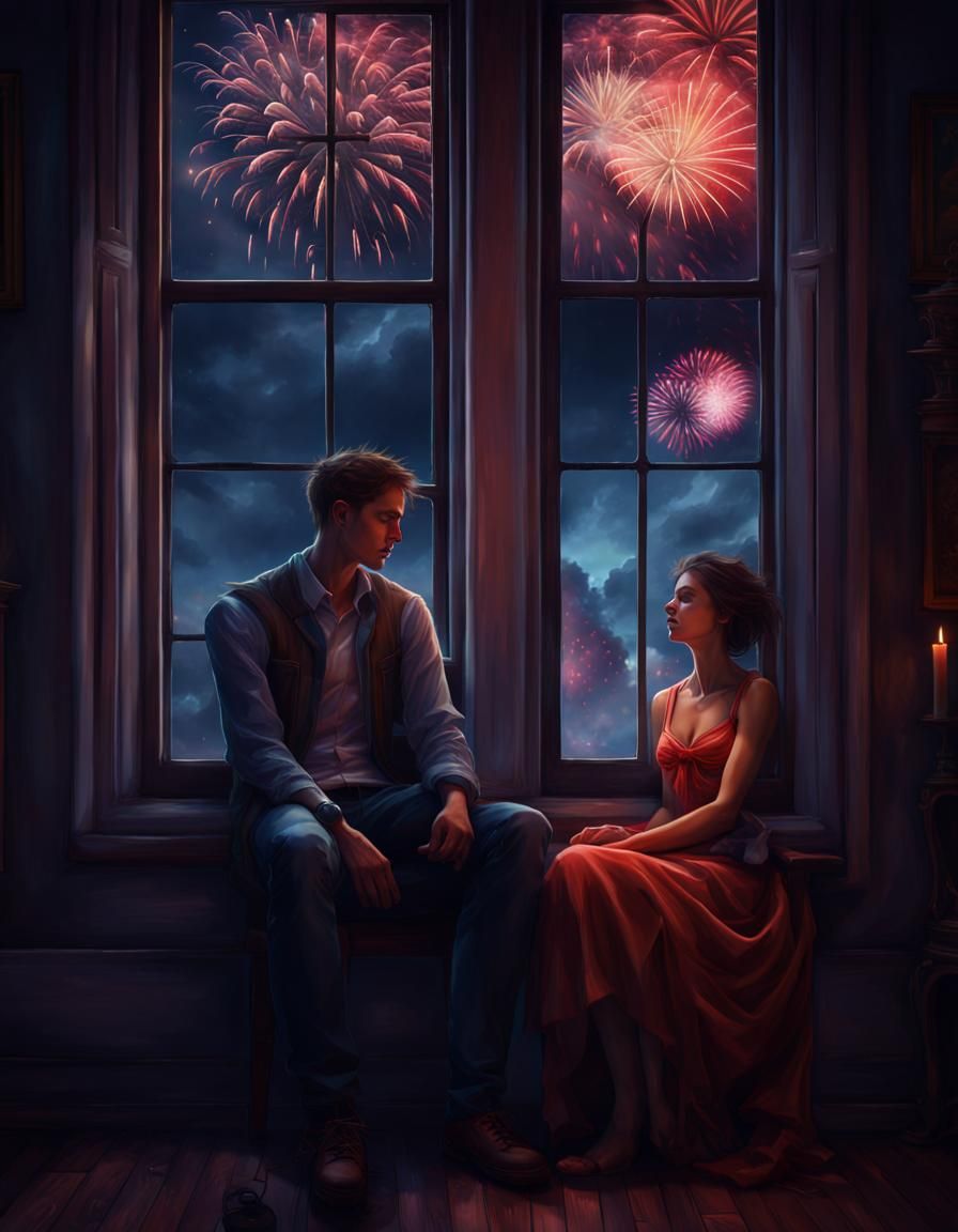 Lonely Man with Ghost at Midnight Fireworks Display