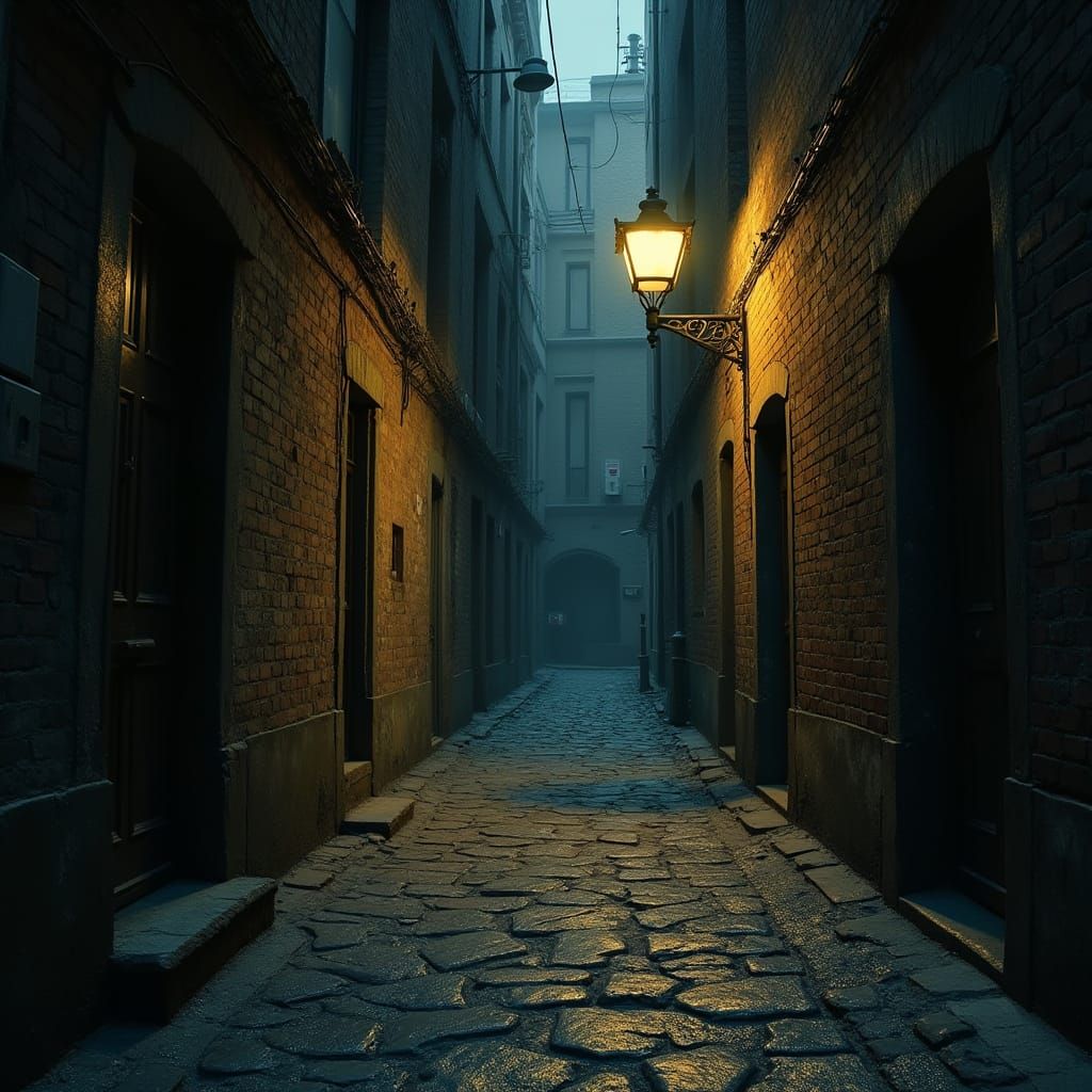 Eerie Alleyway Illuminated by Flickering Streetlight