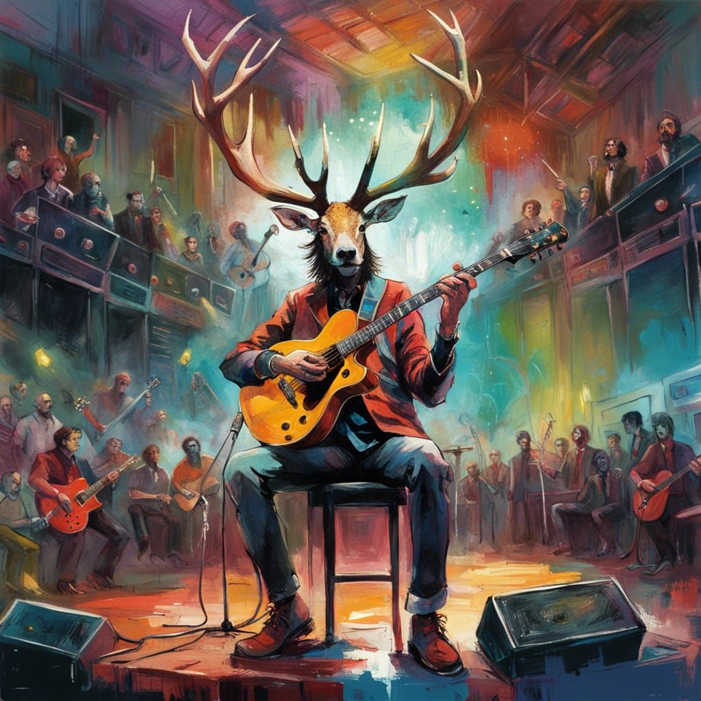 Antlered Guitarist Rocks the Stage: Maximalist Illustration