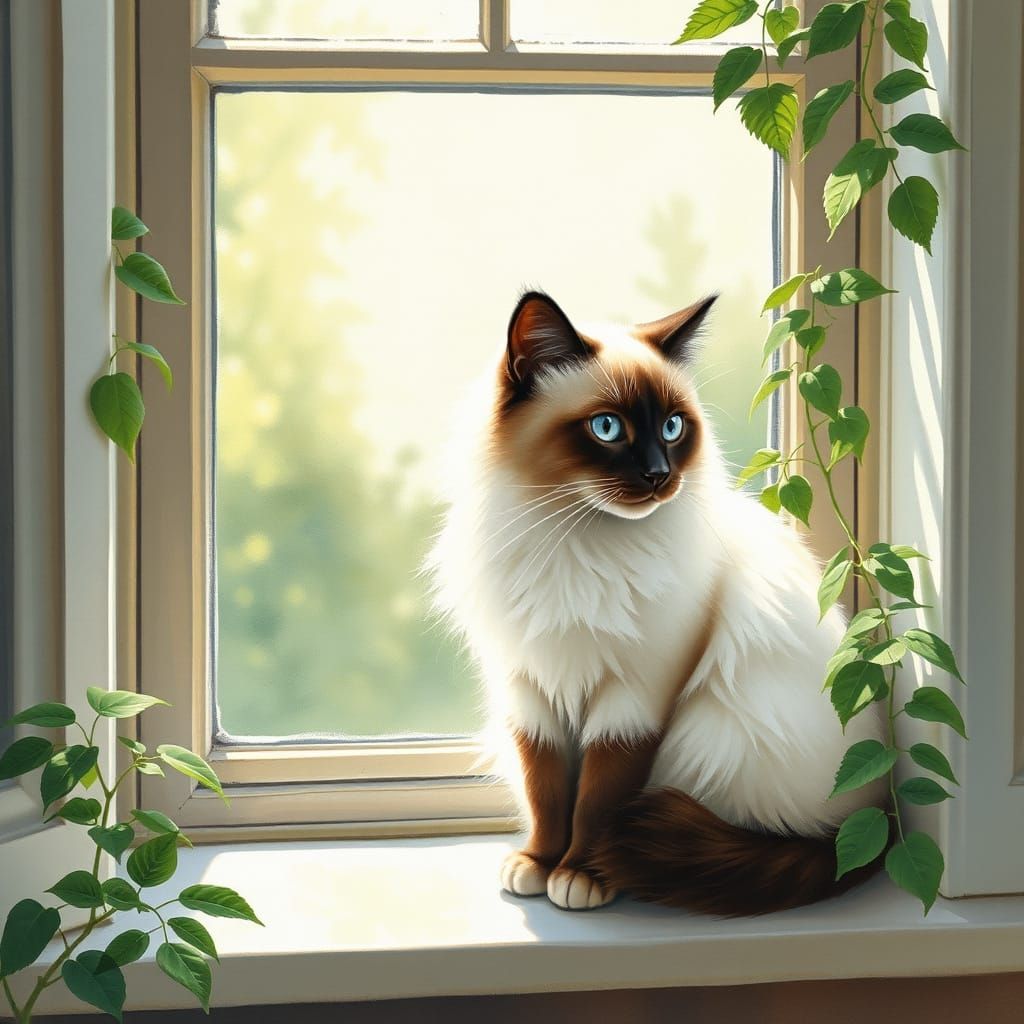 Regal Birman Cat in Dreamy Gouache Style