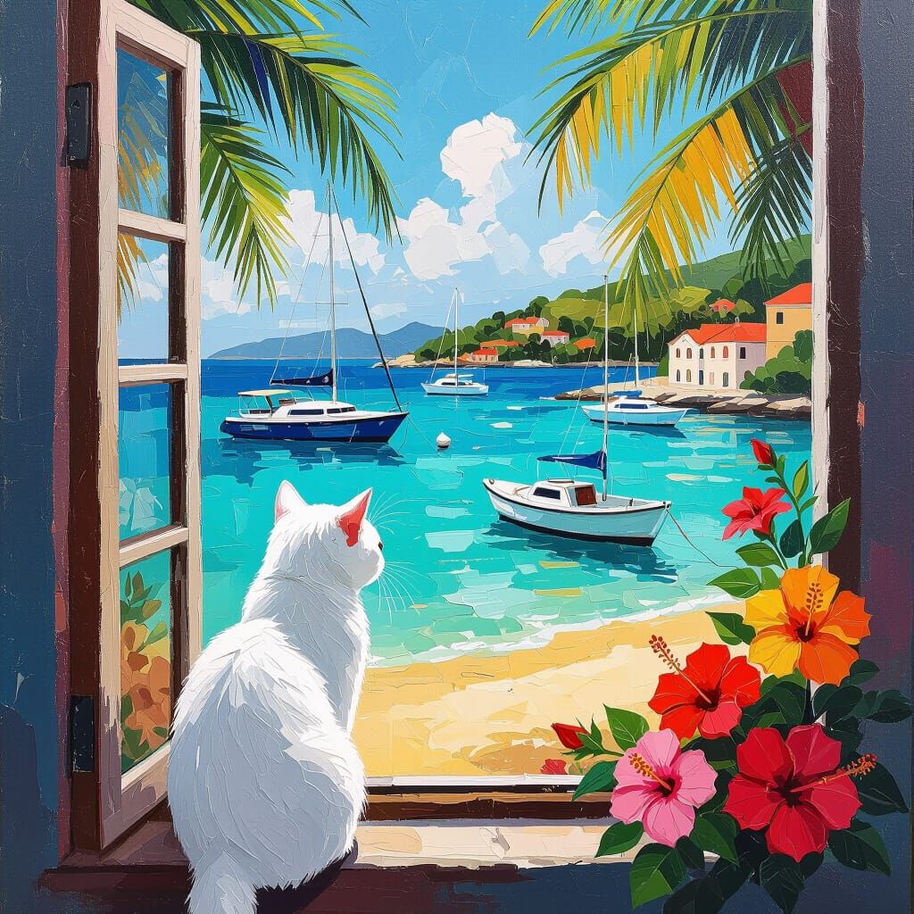 White Cat Gazes at Tropical Harbour Scene