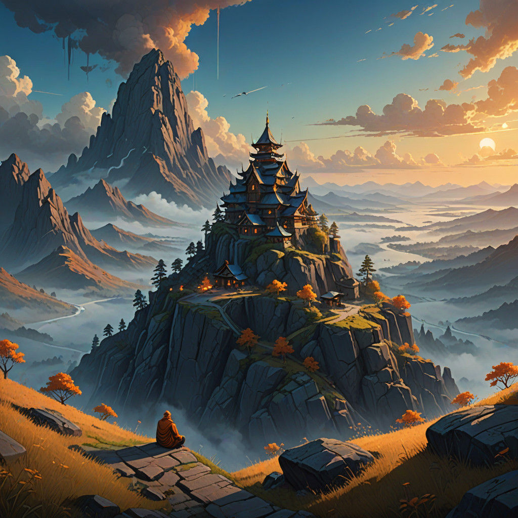 Realistic Monk in Serene Mountain Landscape