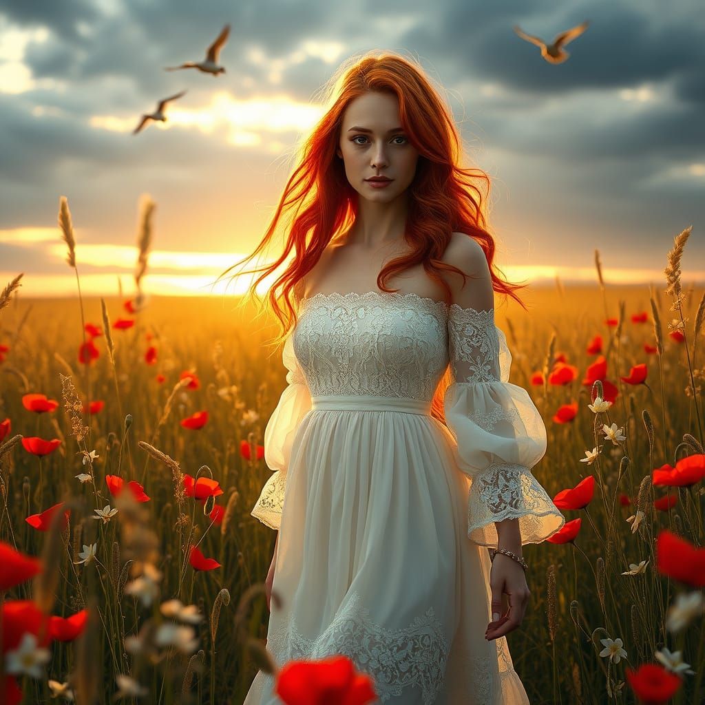Goddess of Nature Walks Through Golden Fields of Larkspur