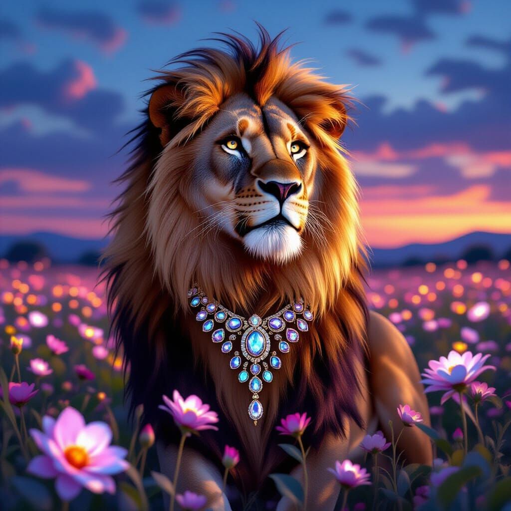 Lioness with Art Nouveau Jewelry in Bioluminescent Field