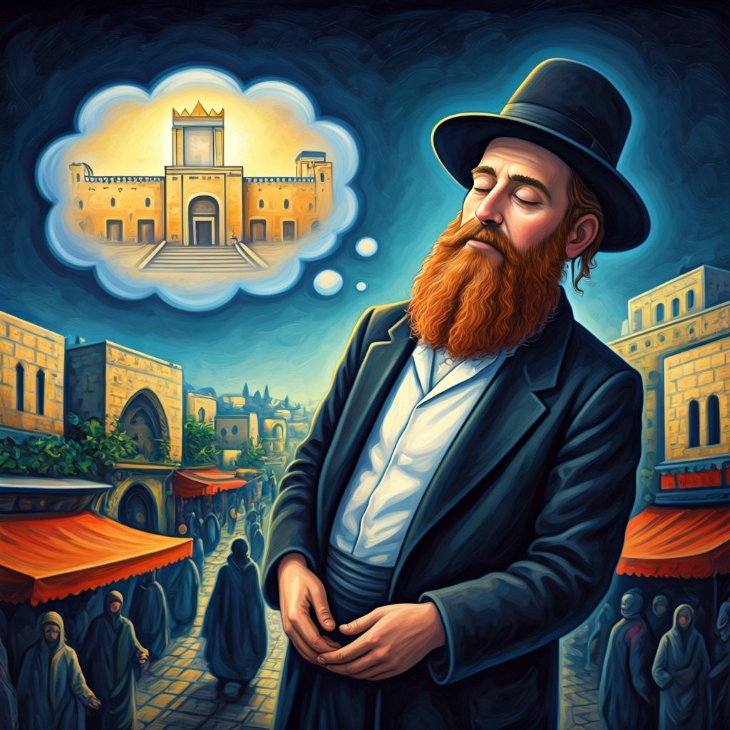 Haredi Man Levitating in Marketplace, Chagall-style