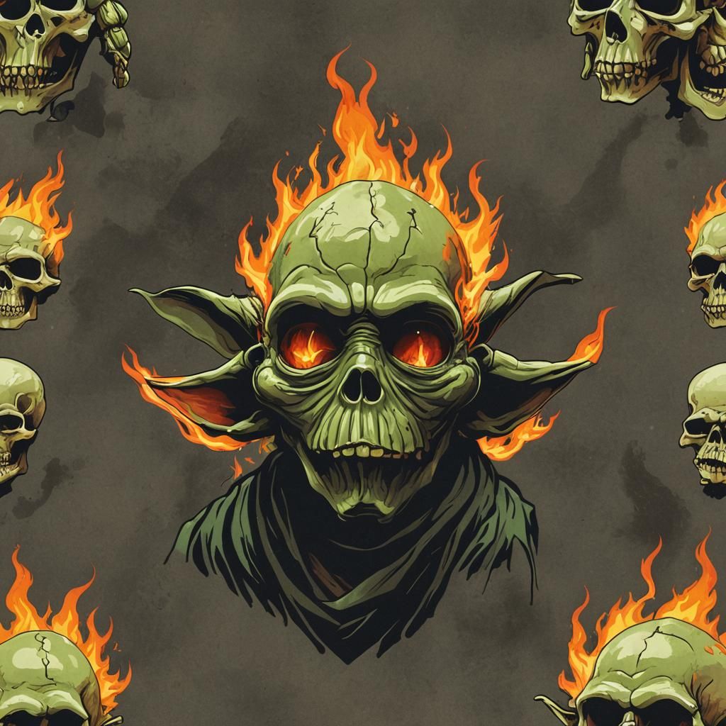 Fiery Yoda Skull: A Surreal Image