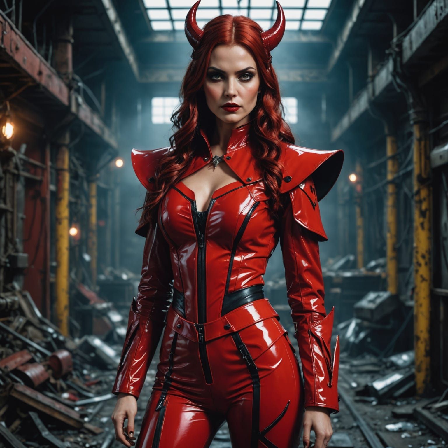 Dystopian Goddess in Red PVC Outfit