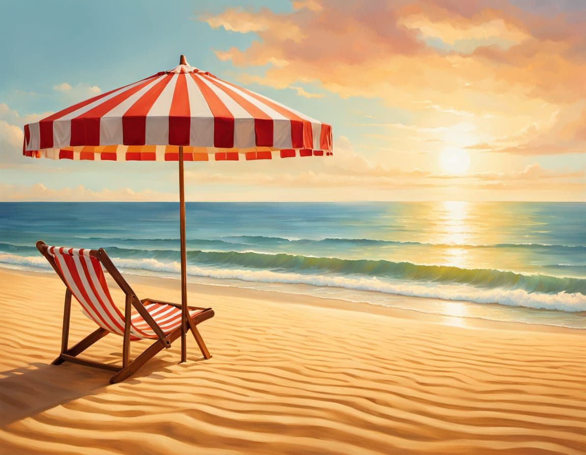 Idyllic Beach Scene: A Colorful Oil Painting