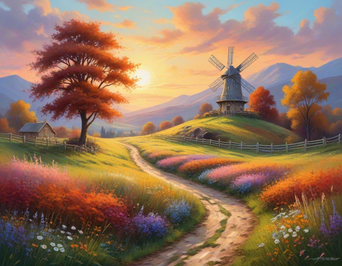 Autumn Windmill Landscape in Expressionist Oil Painting Styl...